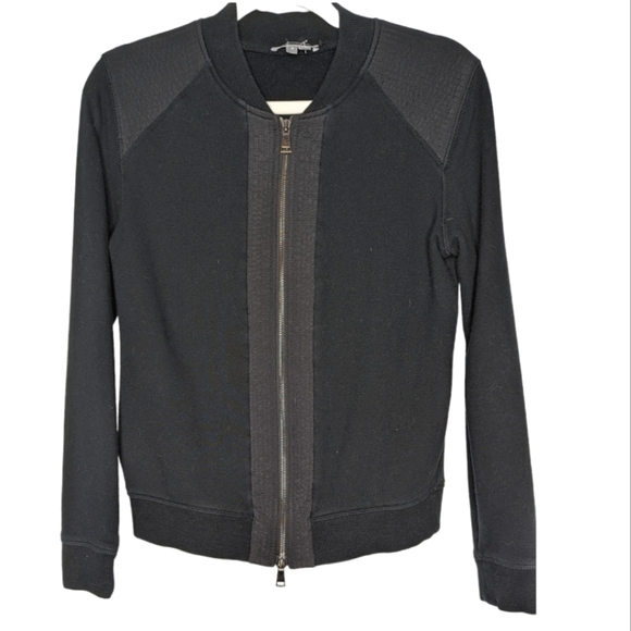 Vince Tops - Vince Black Cotton Knit Zip Front Moto Bomber Sweatshirt Jacket Small
